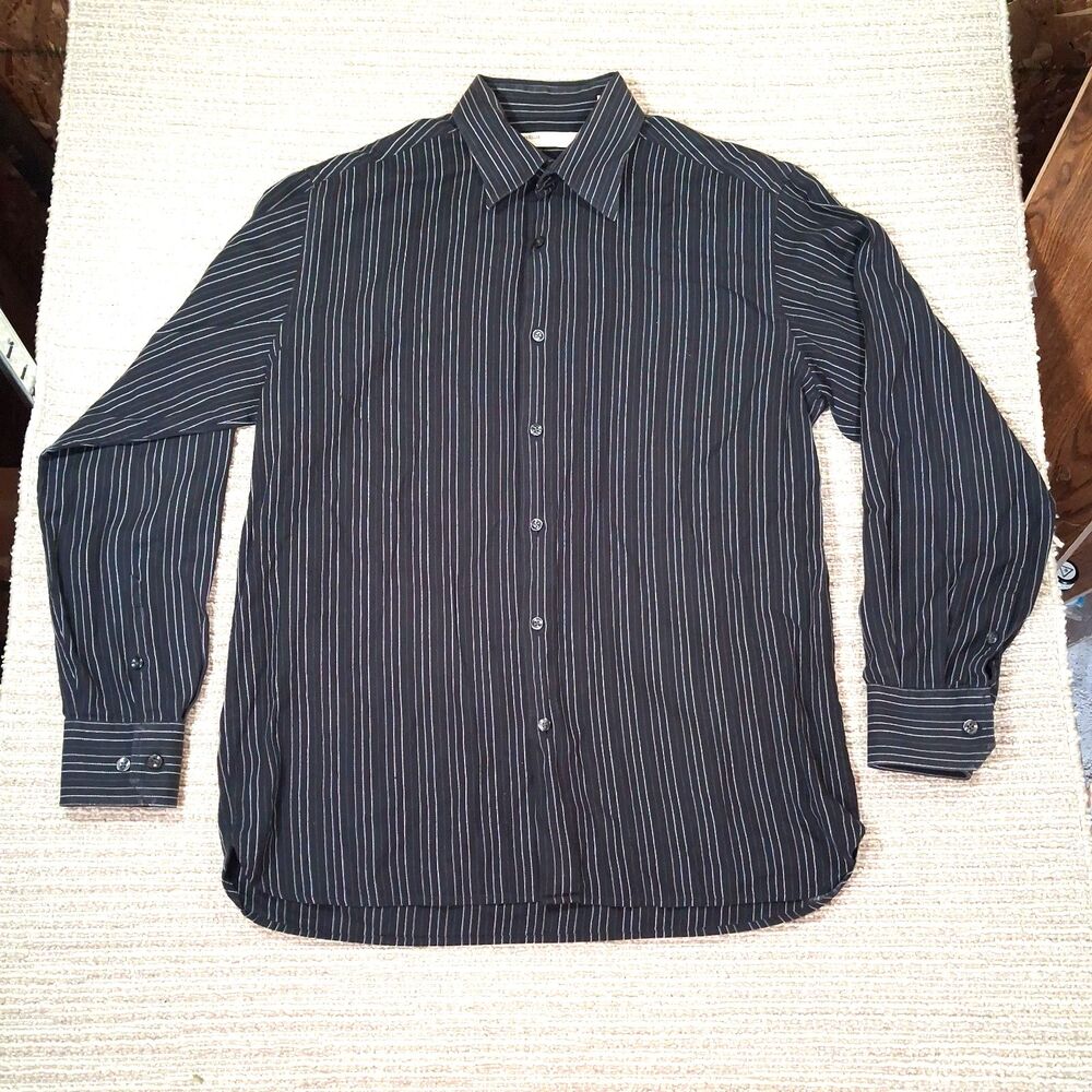 perry ellis mens shirt medium black pinstripe long sleeve button up cotton